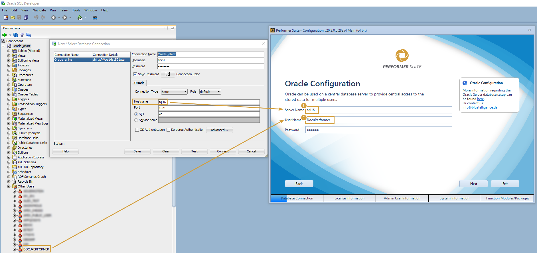 Performer Suite Oracle configuration with Server Name, User Name and Password filled