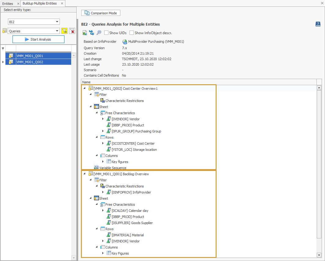 Buildup of two Queries in the Analyze and Compare function