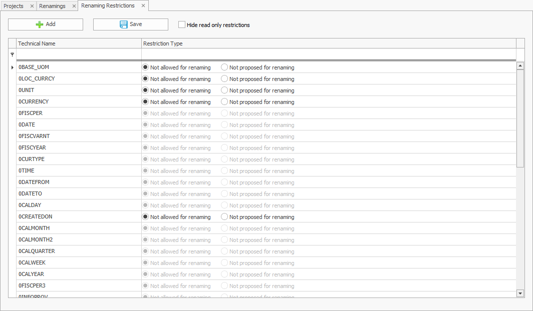 Renaming Restrictions, some with selection between not allowed or not proposed for renaming