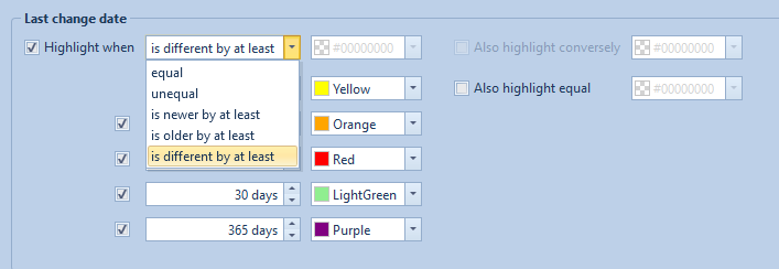 selection of equal, unequal, newer, older or different by at least a specific time period