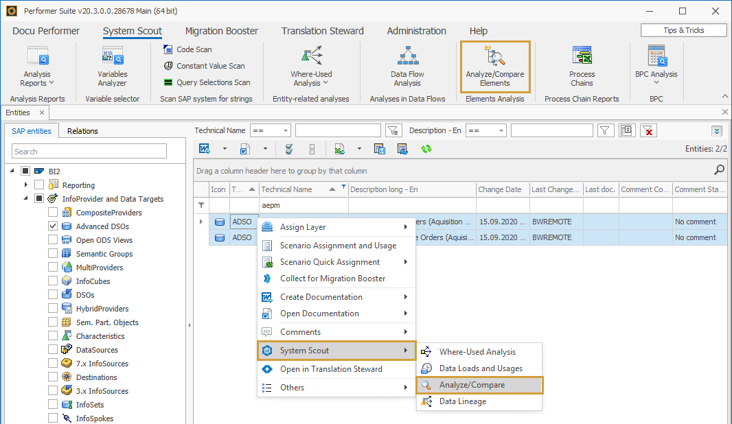 Analyze and Compare in the System Scout submenu of the Context menu of an ADSO