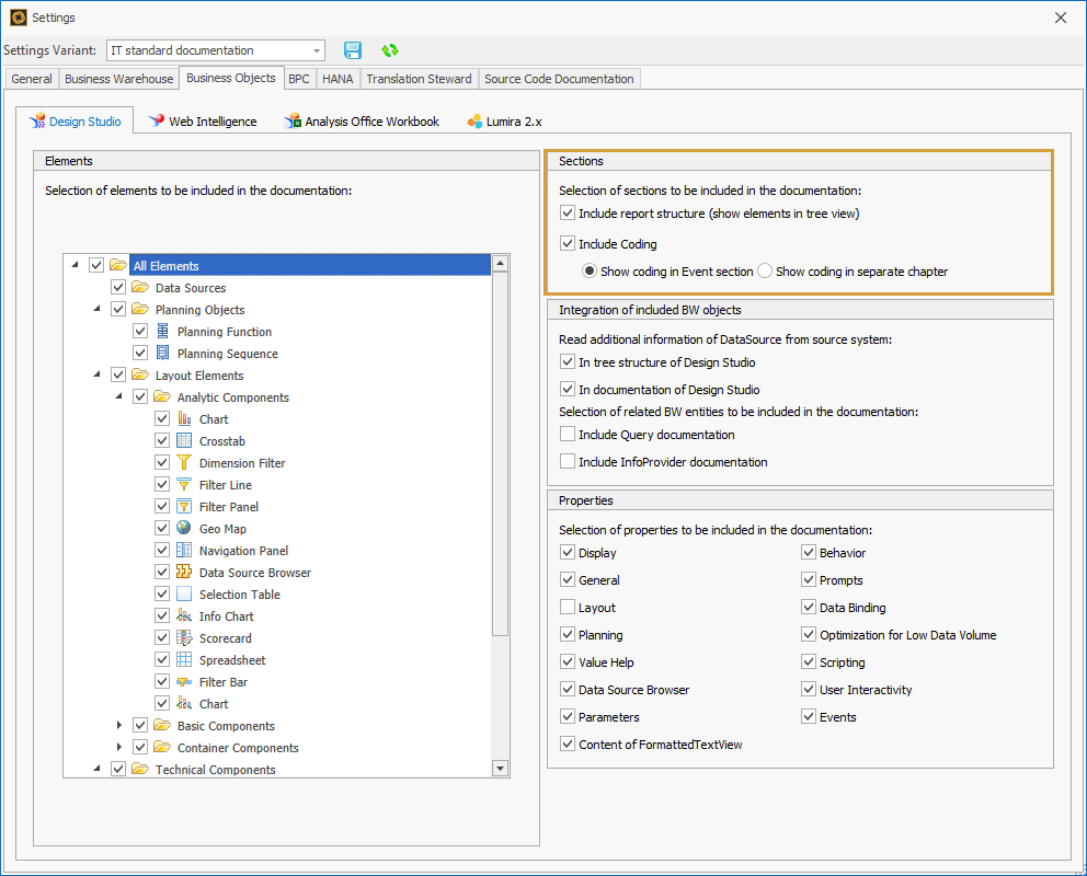 Sections settings in the Design studio tab of the BO settings