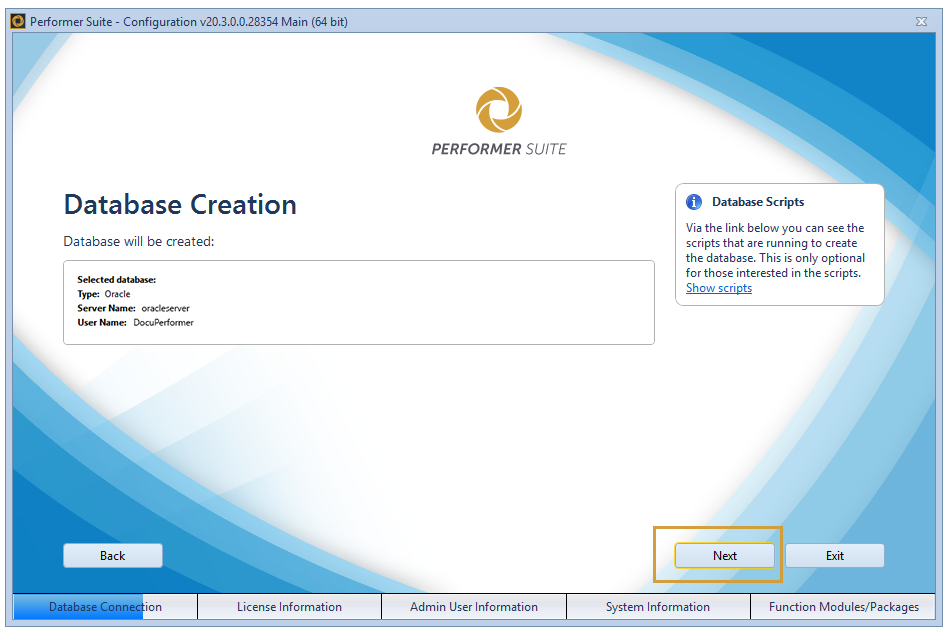 Database creation with overview of parameters