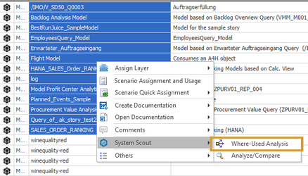 Where-used Analysis in the System scout submenu of the context menu of a model