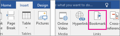 Bookmark function in the Insert ribbon of Microsoft Word