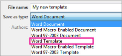 File type selection with Word Template marked