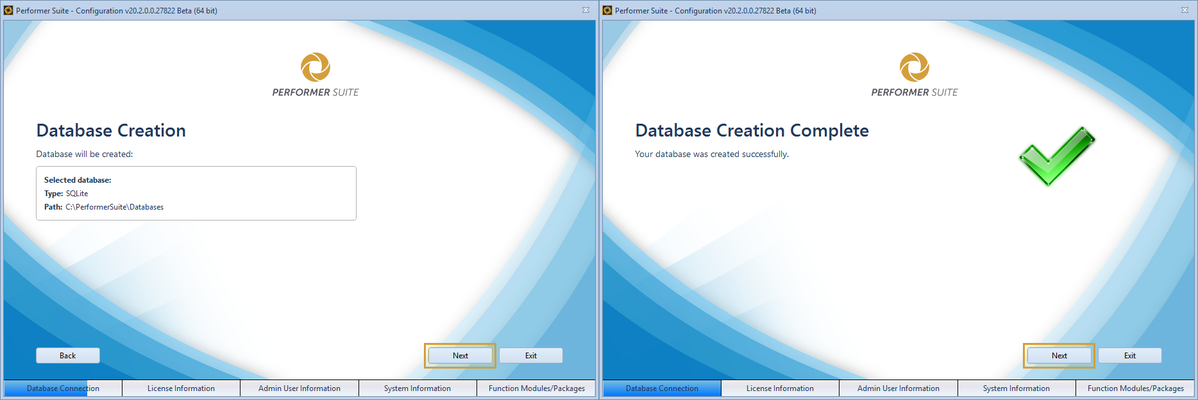 Database creation and database creation confirmation