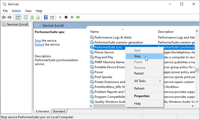 Stopping Sync service in the Windows services via the context menu