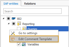 Edit Comment Template option in the context menu of and object type in the entity tree