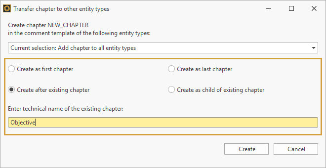 Options to define the position of the copied chapter in the comment template