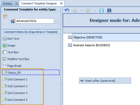 Grid comment elements in the Comment template designer