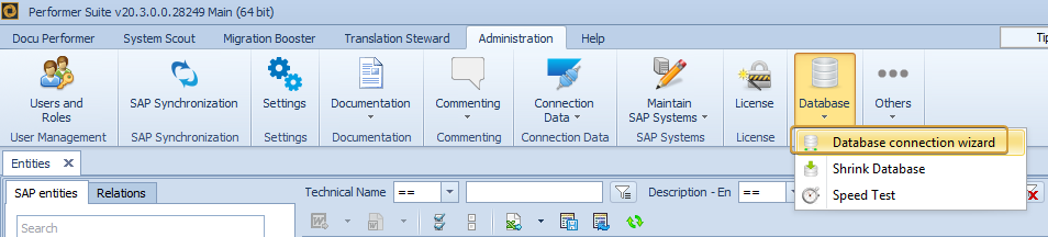 Database connection wizard in the Database dropdown of the Administration ribbon