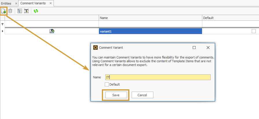 Creating of a new Comment Variant and naming it in the Pop-up