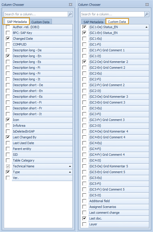 Column Chooser with the tabs SAP Metadata and Custom Data