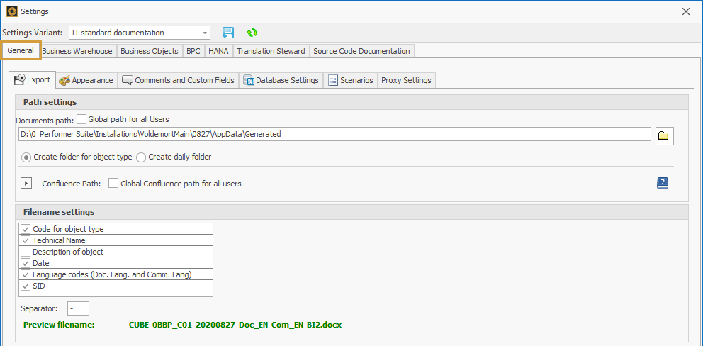 Filename settings in the general tab of the settings