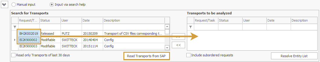 Transport selection in grid, where the to be resolved Transports can be added to a list