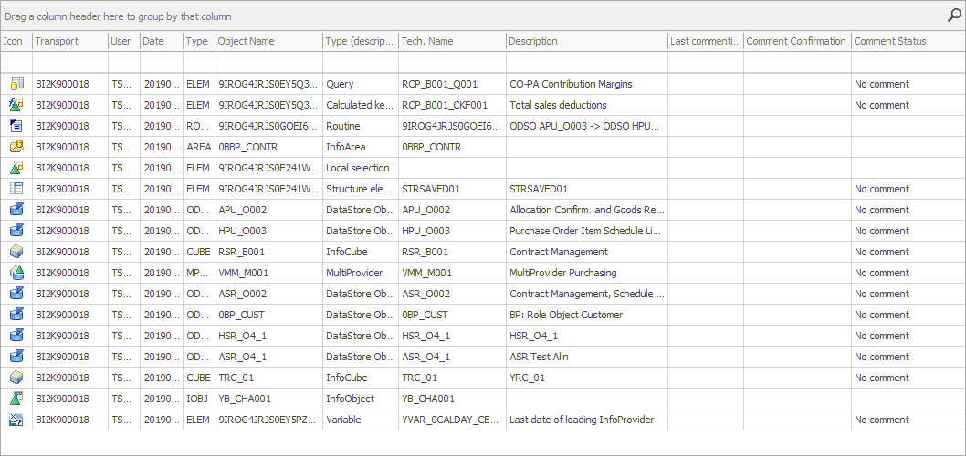 System Scout listing all objects on the selected transport