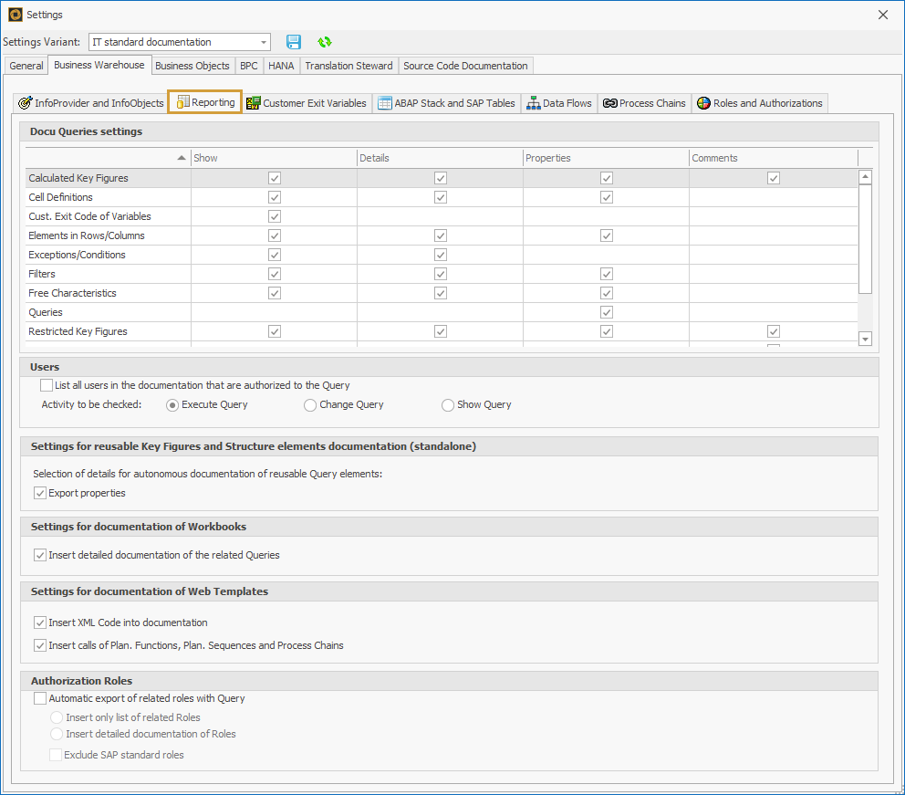 Export settings for Reporting entities in the Business Warehouse tab of the settings