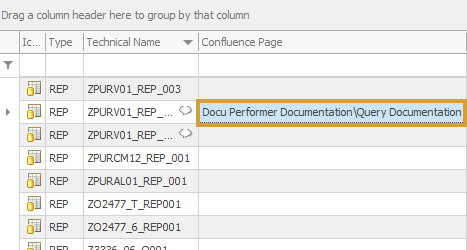 Selected Confluence page in the Confluence page column of the main entity grid