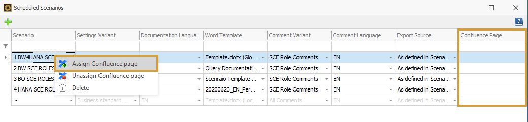 Assign Confluence Page and Confluence Page column in the Scheduled Scenarios window