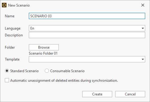 New Scenario pop-up to set the name, language, description etc. of the scenario
