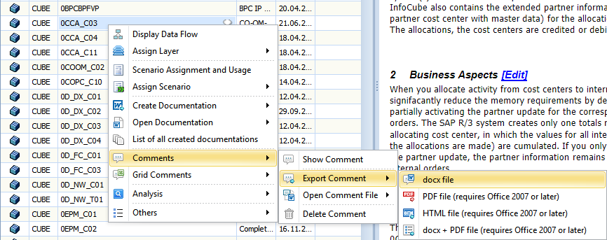 Export comment in the comments sub-menu of the context menu of an entity