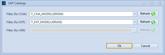 InfoObject Catalog selection with filters for characteristics, KeyFigures and Units