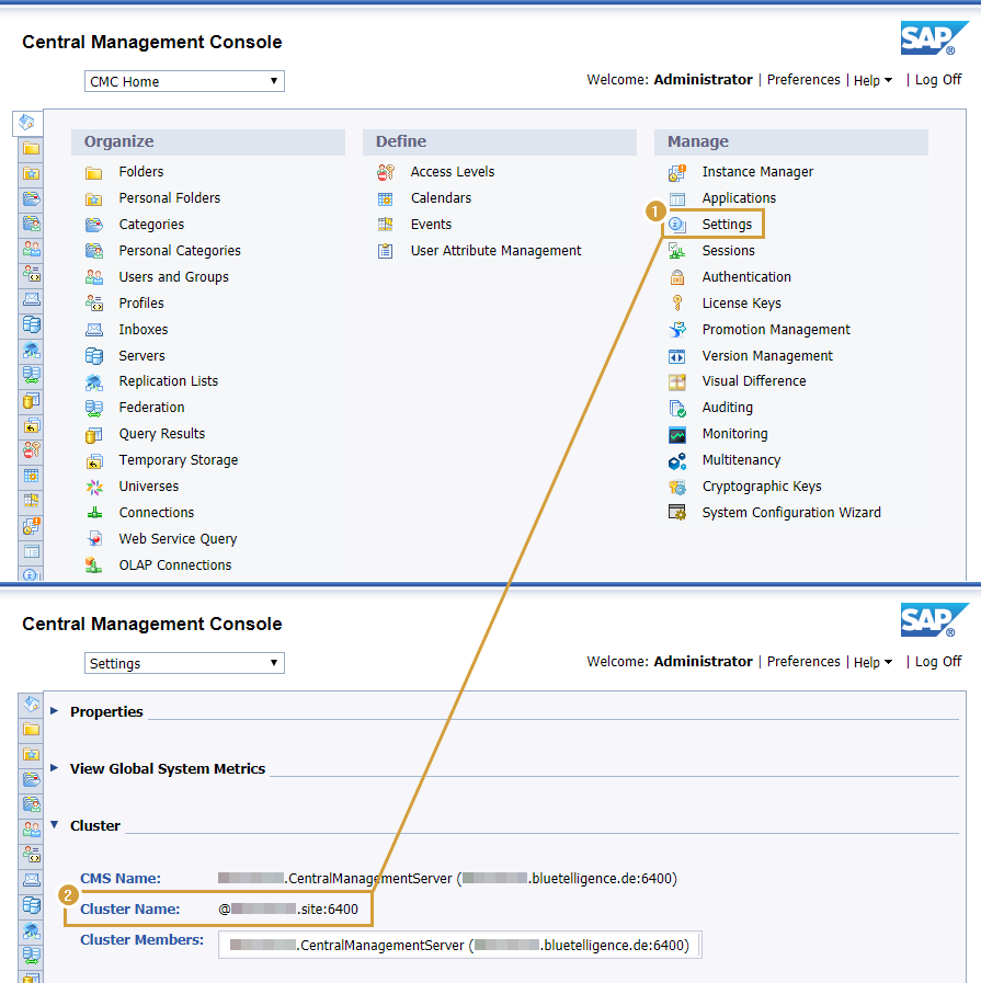 Cluster Name in the Settings of the SAP Central Management Console