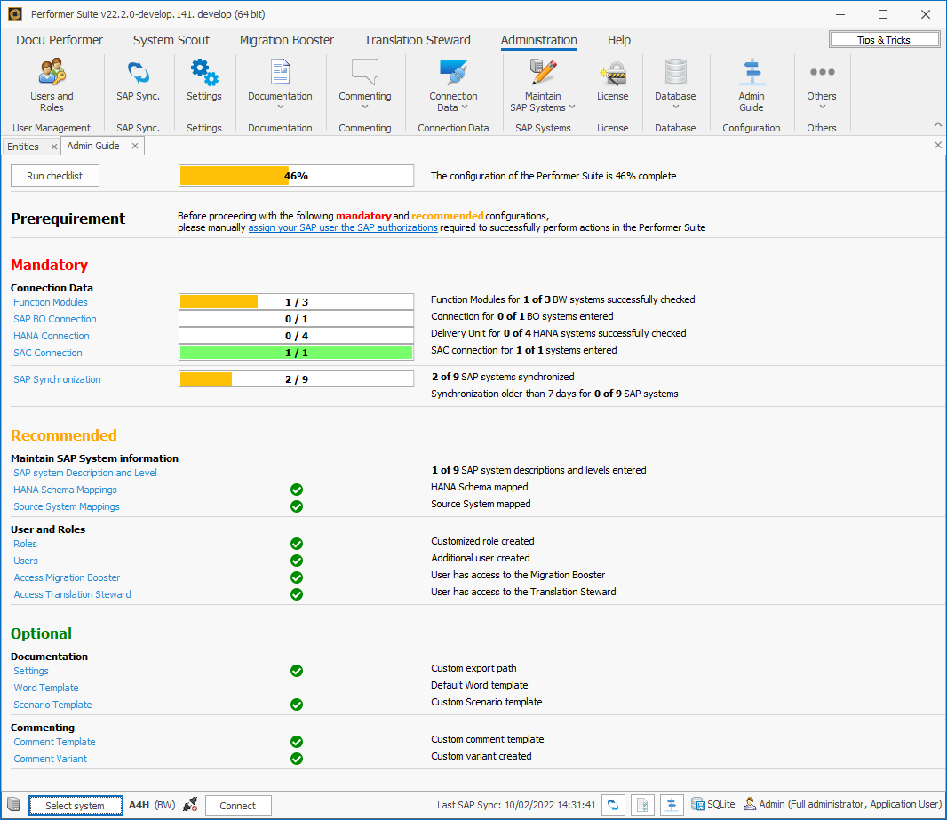 Admin Guide of the Performer Suite, showing the progress in the configuration