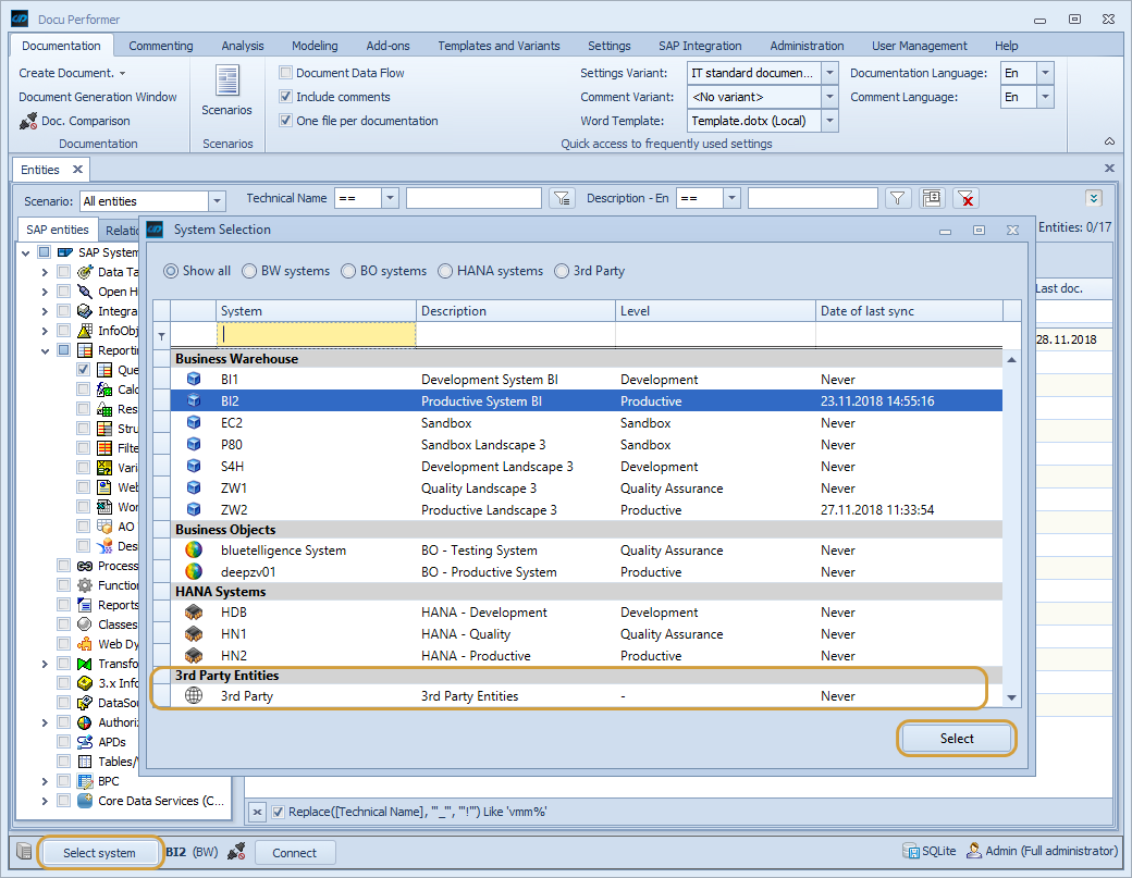 3rd party Connector in the system selection of the Performer Suite