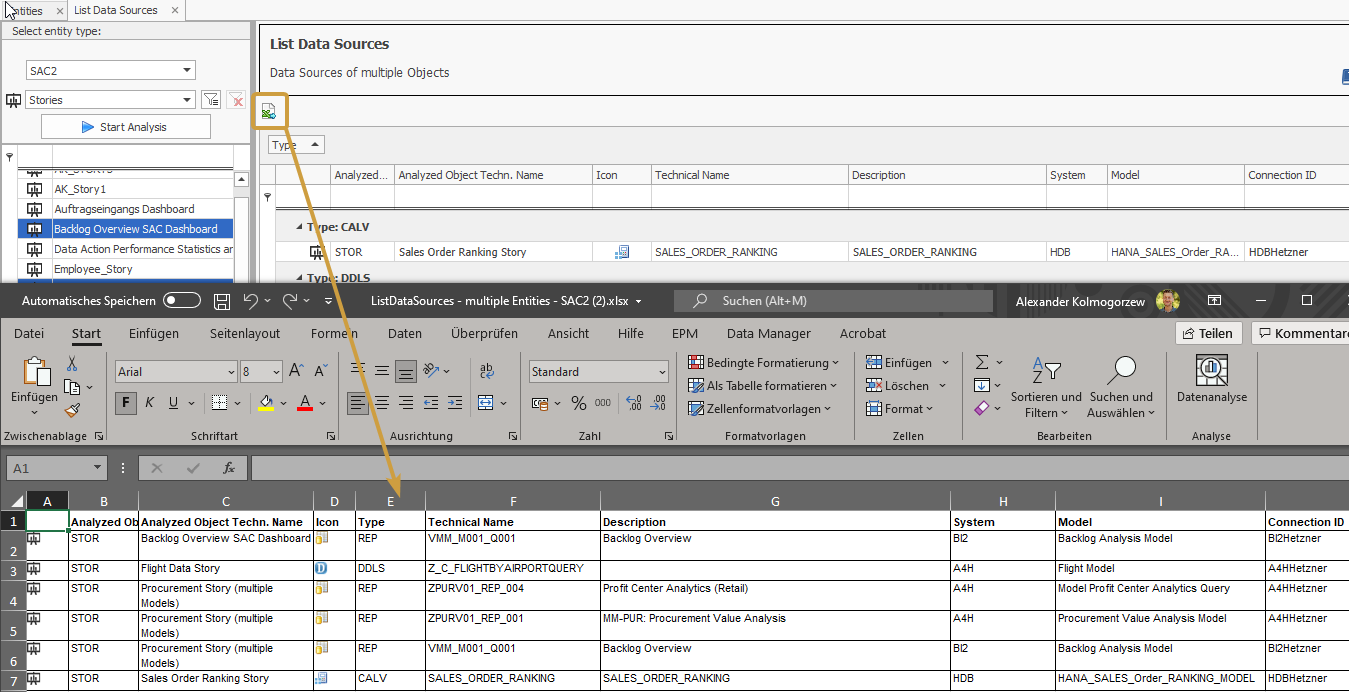 Results exported as an Excel file via the Excel Export button