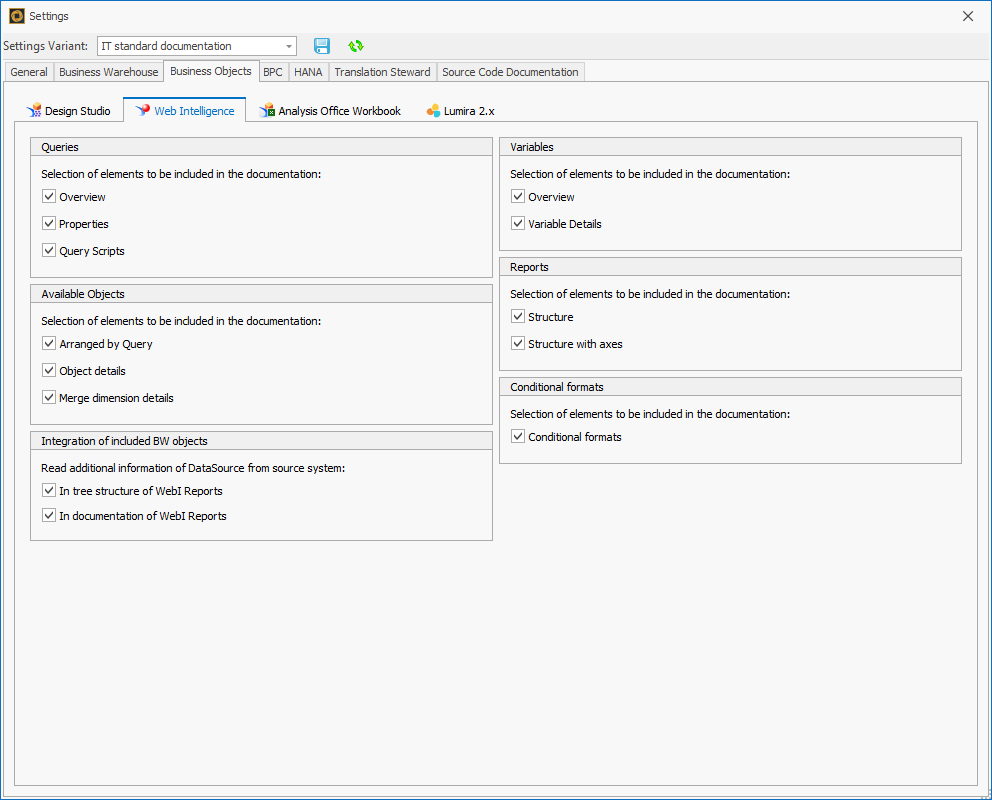 Web Intelligence export settings tab in the Business Objects settings