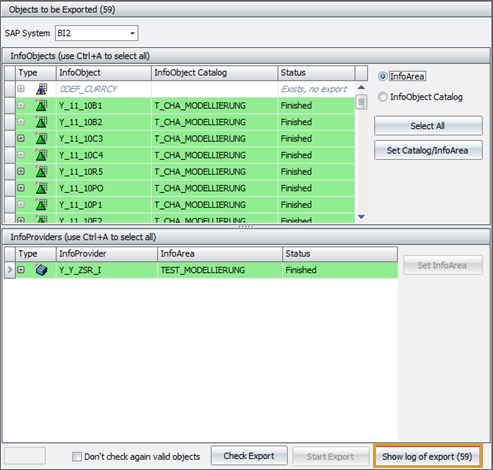 Export of all objects successful indicated by the green highlighting
