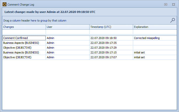 Comment Change Log, showing some changes