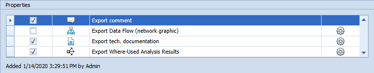 Properties of an object with selection for comment, Data Flow, documentation and Where-used Analysis