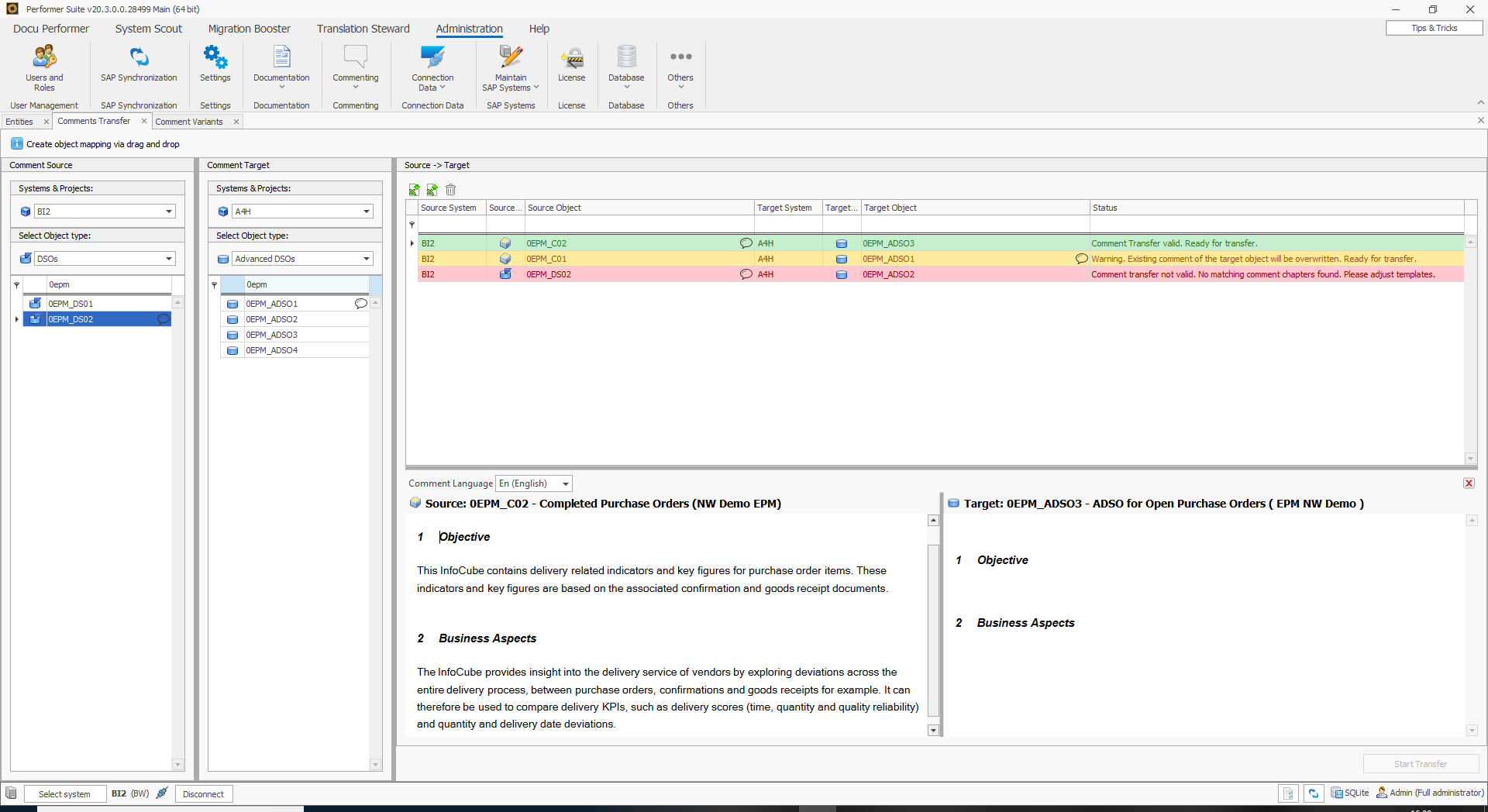 Comment transfer with three mappings, one possible, one warning and one not possible