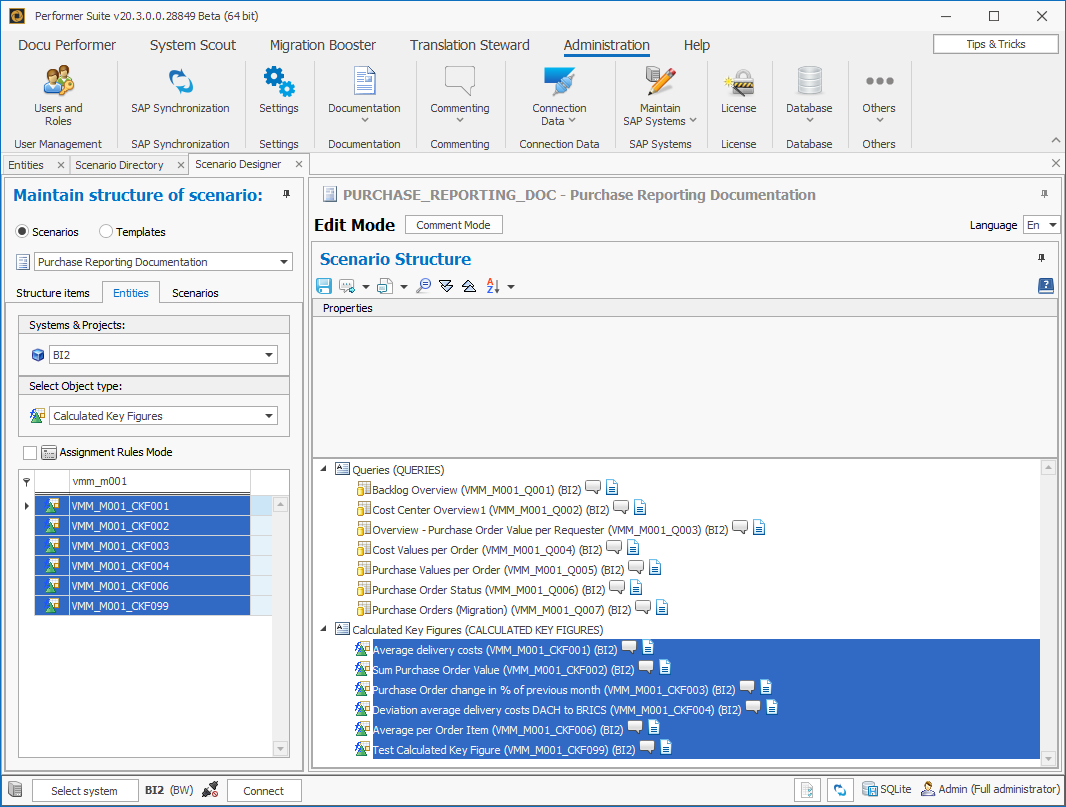 Addition of SAP objects to the scenario structure in the edit mode