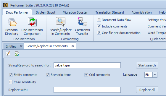 Search and replace in comments function with selection of where should be searched