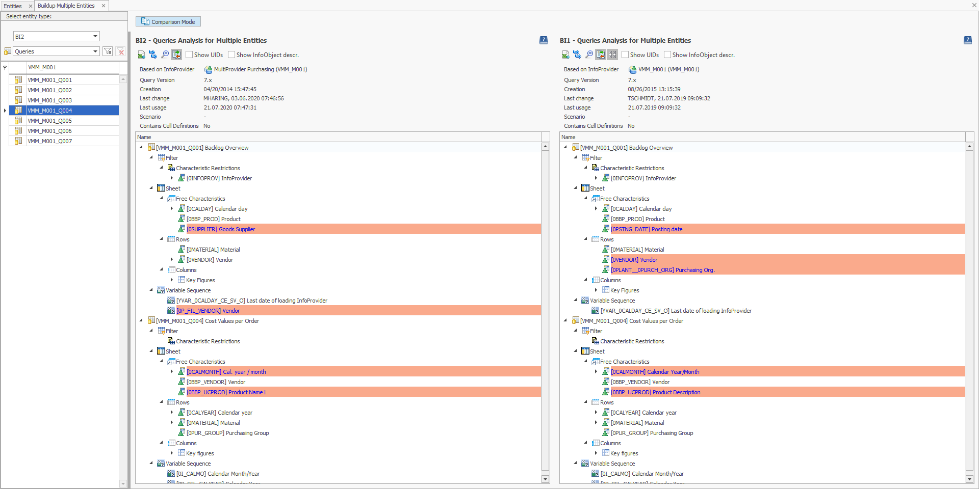 Comparison of multiple Queries with highlighted differences