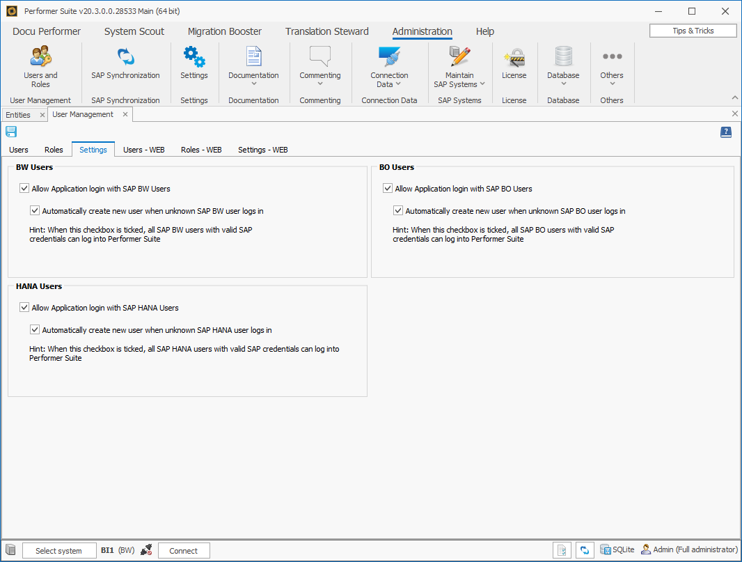Settings tab in the User Management area divided into BW, BO and HANA Users