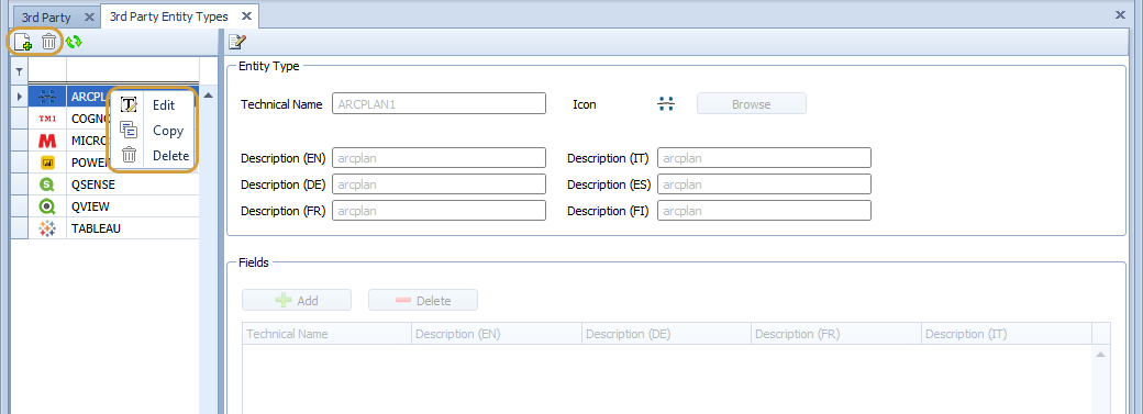 Taskbar and context menu to create, delete and copy object types