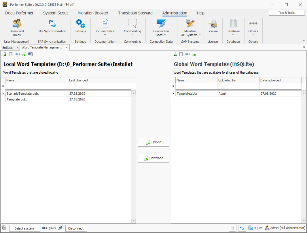 Word Template Management tab with Local Templates on the left and global templates on the right