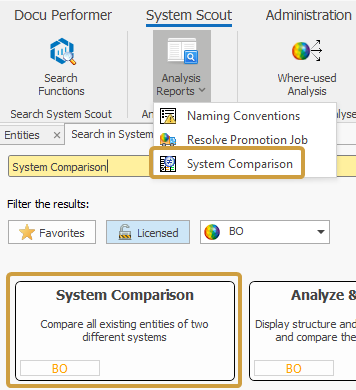 System Comparison in the analysis Reports dropdown and the search of the System Scout