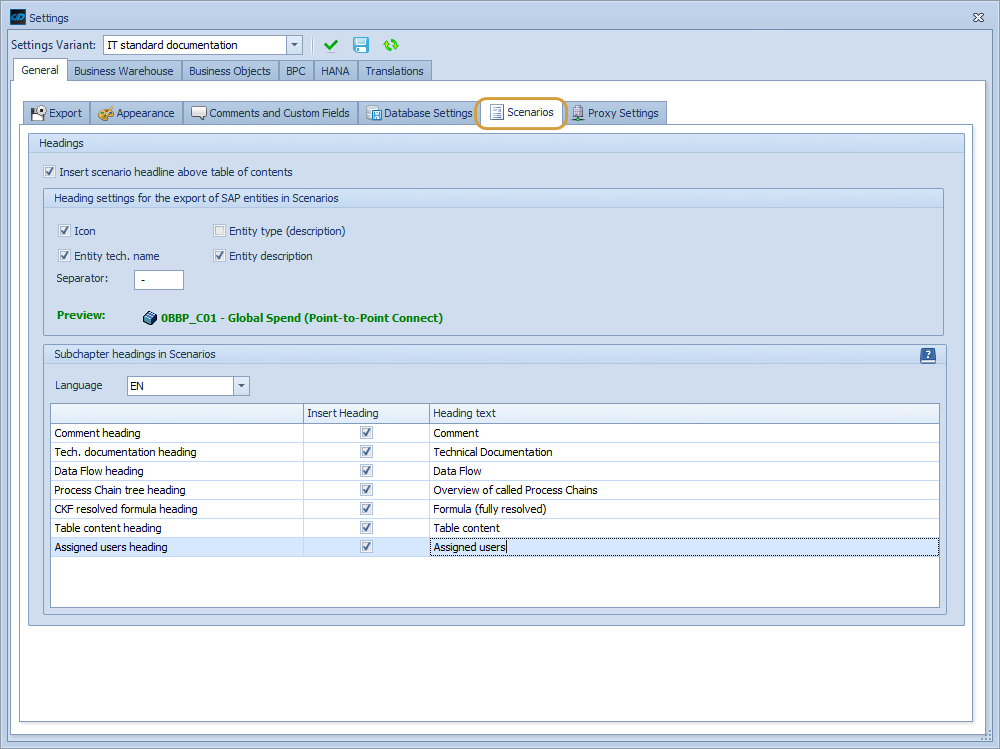Scenario tab in the general Settings