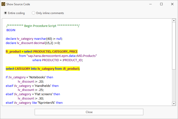 HANA Coding with the lines, containing the keyword, highlighted