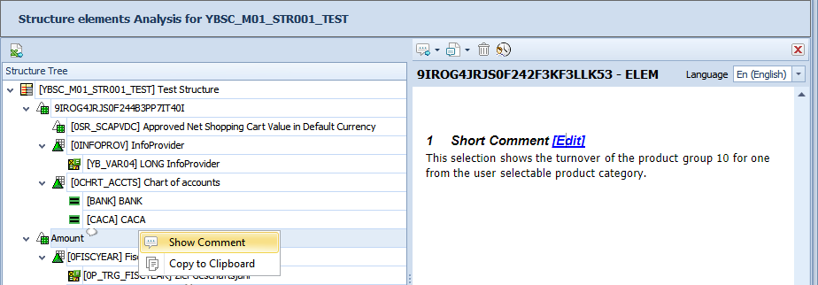 Comment of a structure element in the structure tree of the analyzed object