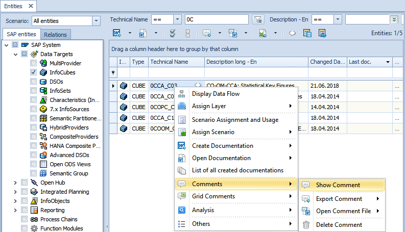 Comment entry in the context menu of an InfoCube in the Main Grid