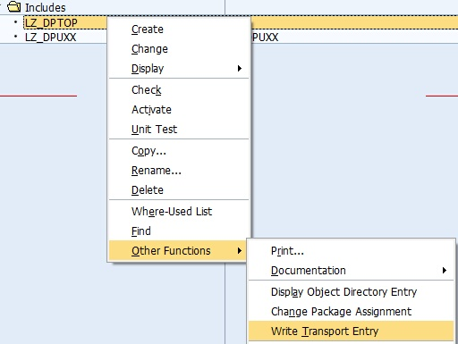 Adding TOP-Include to the transport via the context menu