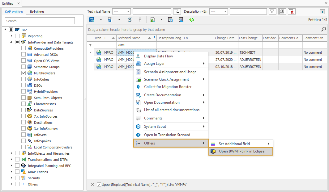 Open BWMT-Link in Eclipse in the Others submenu of the context menu of a BW object