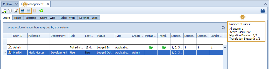 User area with highlighted lock user button